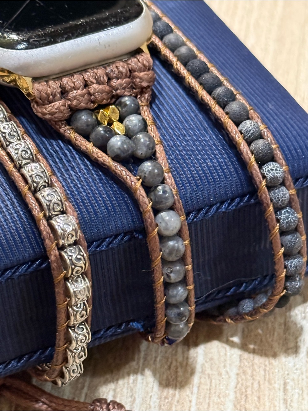 Boho Beaded Apple Watch Wrap Band Brown Cord Gray Stone Crystal Adjustable - Picture 6 of 11